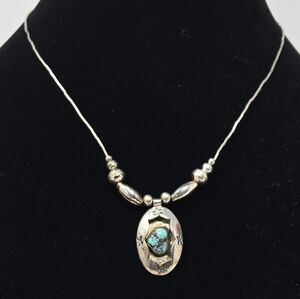 Vintage Sterling Silver Beaded Necklace With Turquise Stone Pendant 16 Inches